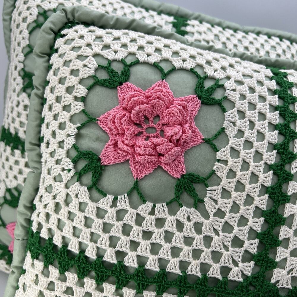 Vintage Hand Crocheted Granny Square Accent Pillow 14" Pink Green 3D Flower